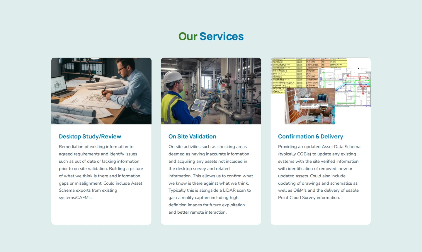 Your Asset services section showing Desktop Study Review, On Site Validation and Confirmation and Delivery