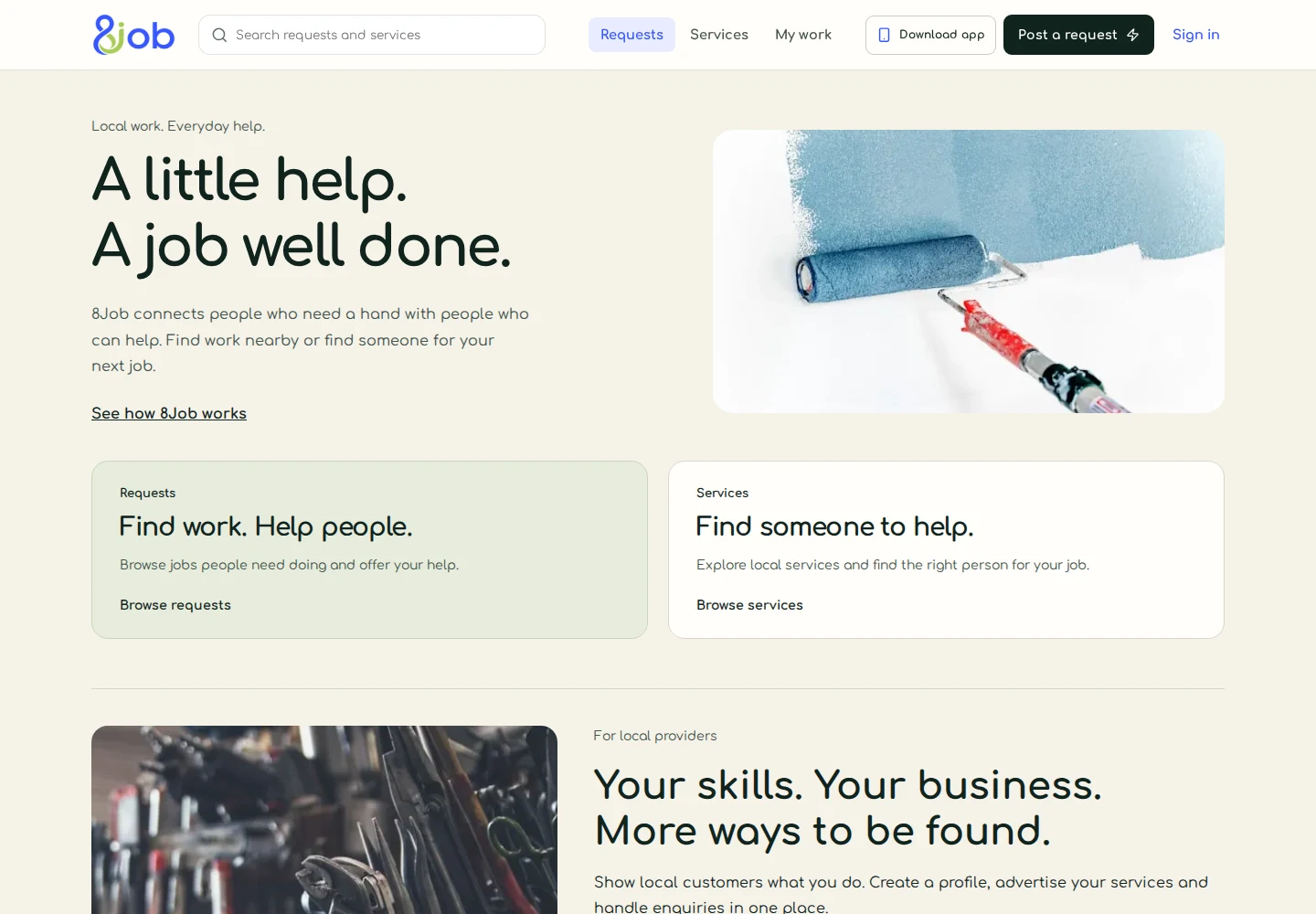8Job homepage showing routes for finding local help and local work