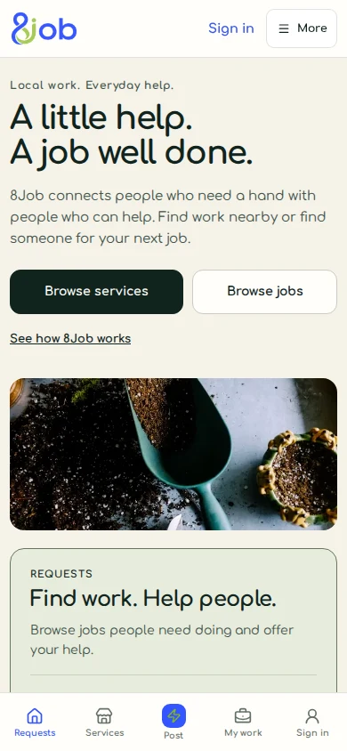 8Job mobile homepage showing routes for finding local help and local work