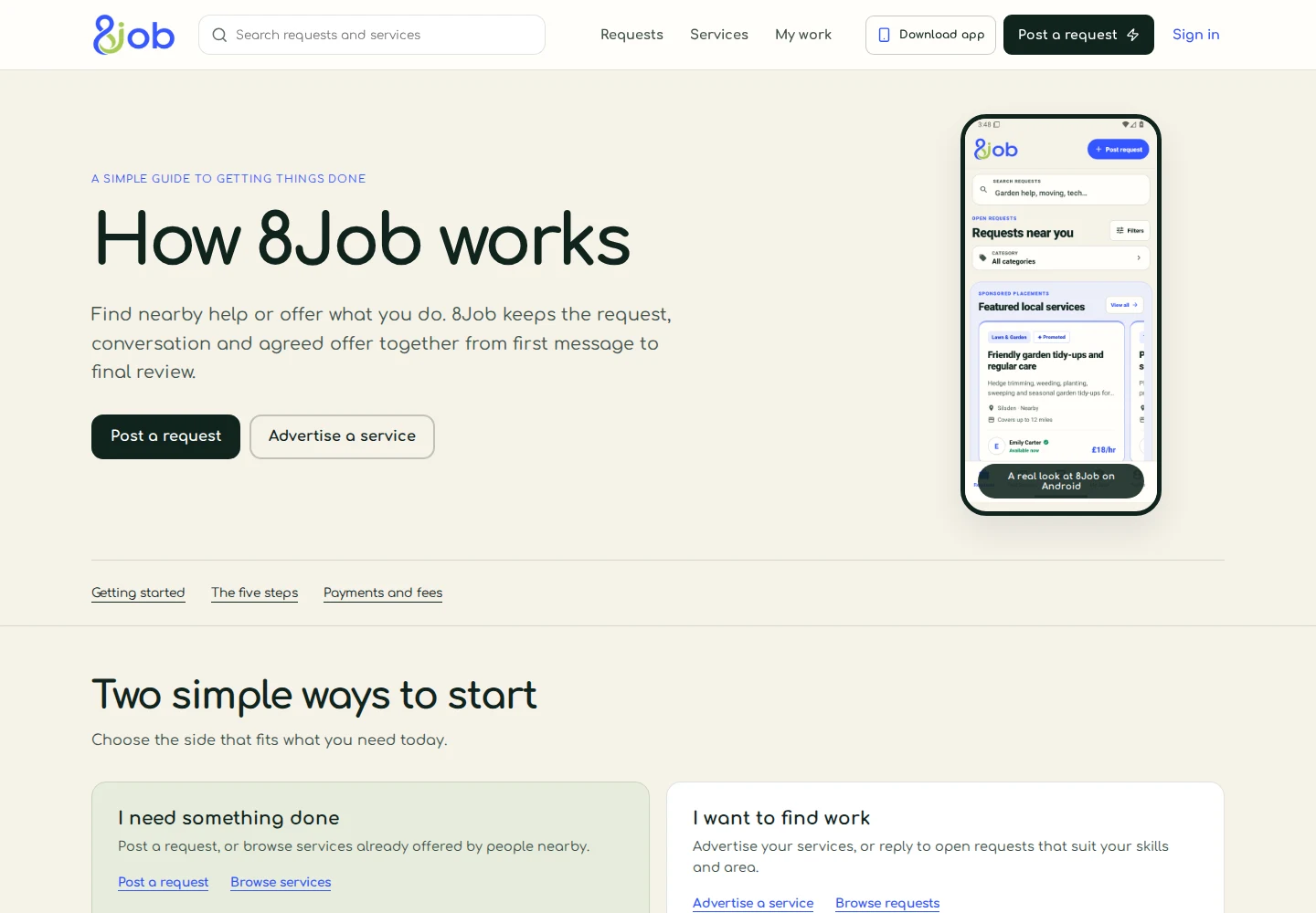 8Job guide explaining how people can find local work and help