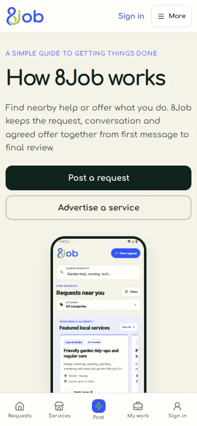 8Job mobile guide explaining how people can find local work and help