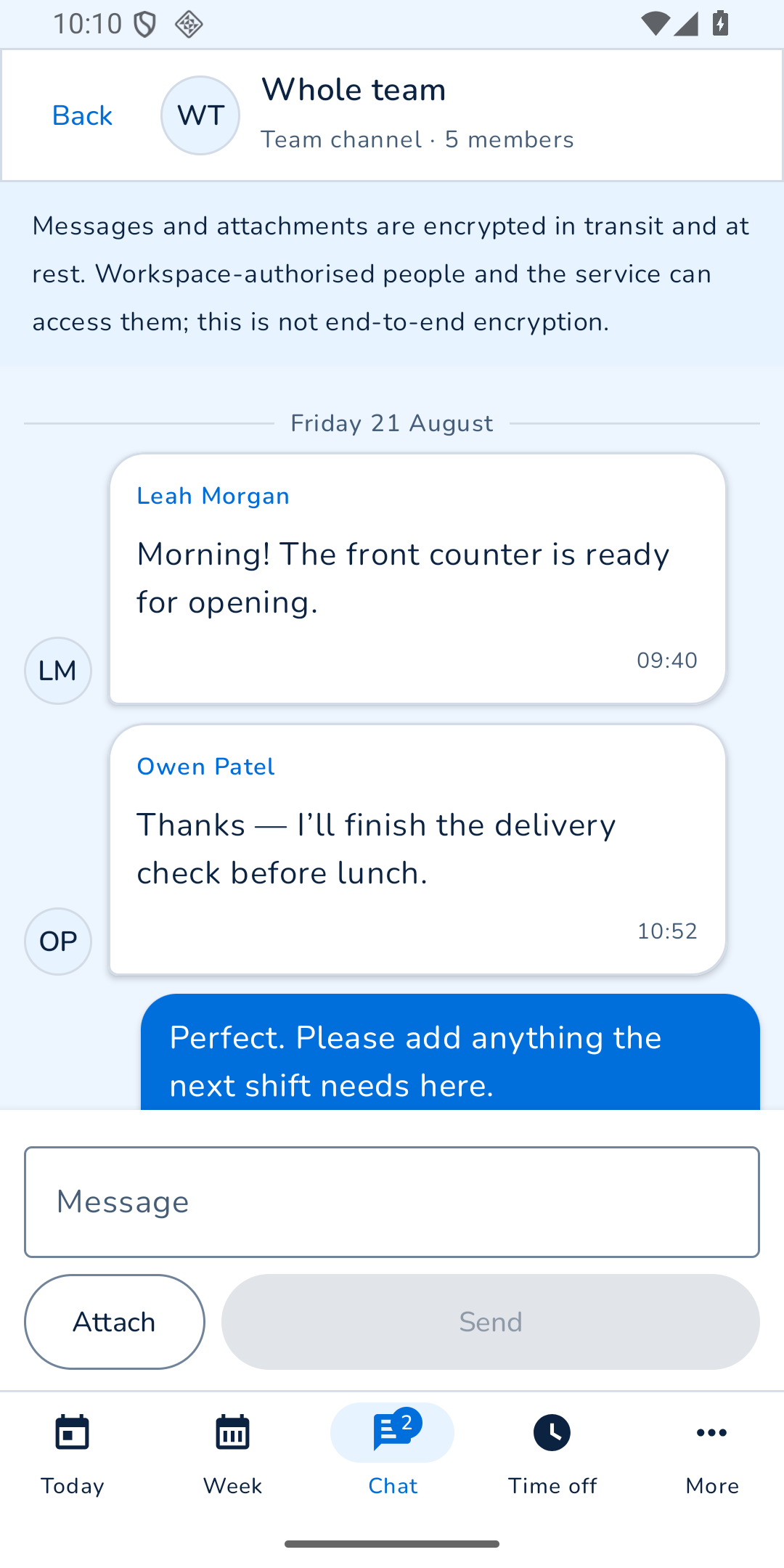 RotaSpace Android Team chat conversation for a fictional bakery team