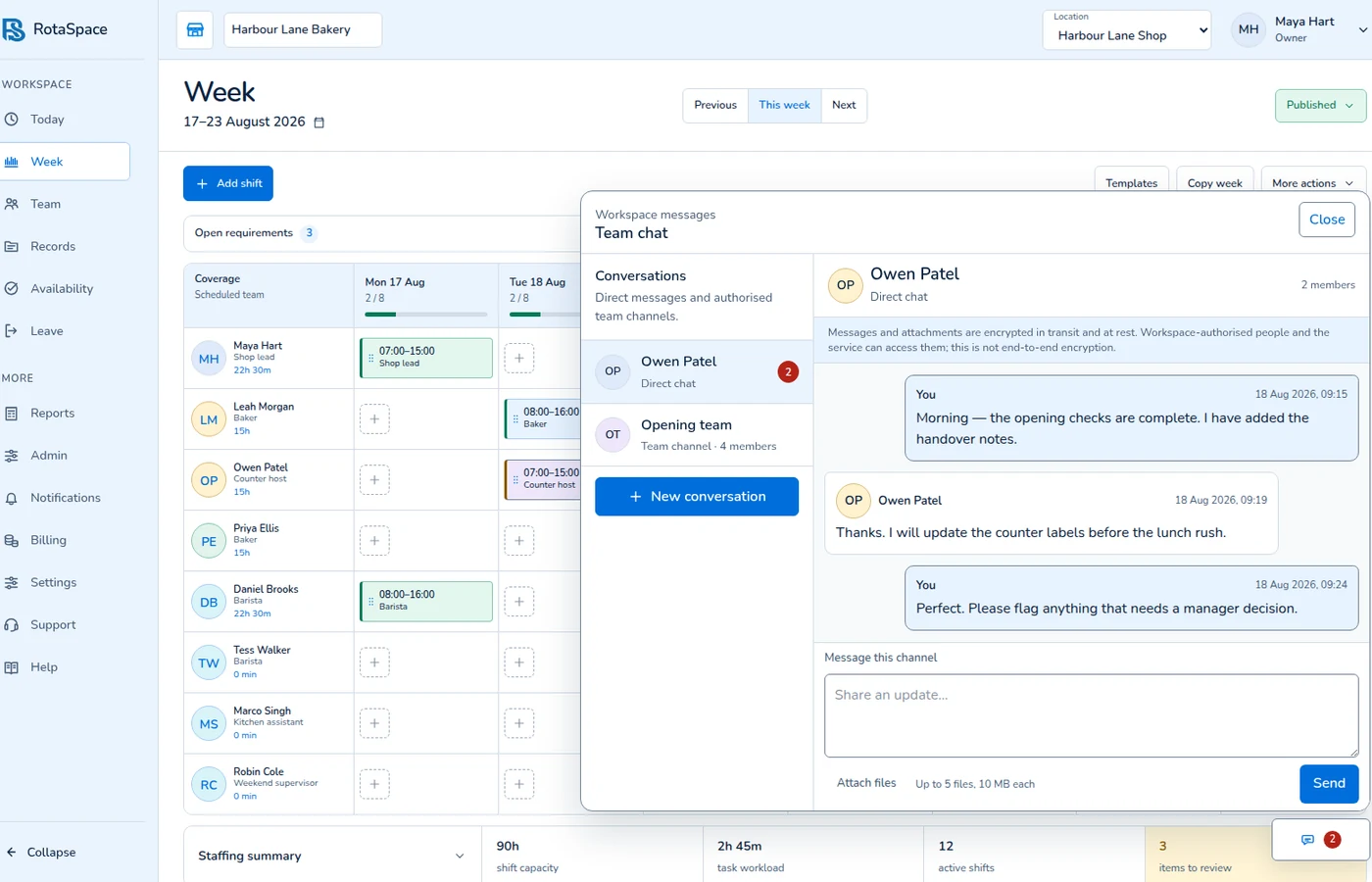 RotaSpace desktop Team chat for a fictional bakery team