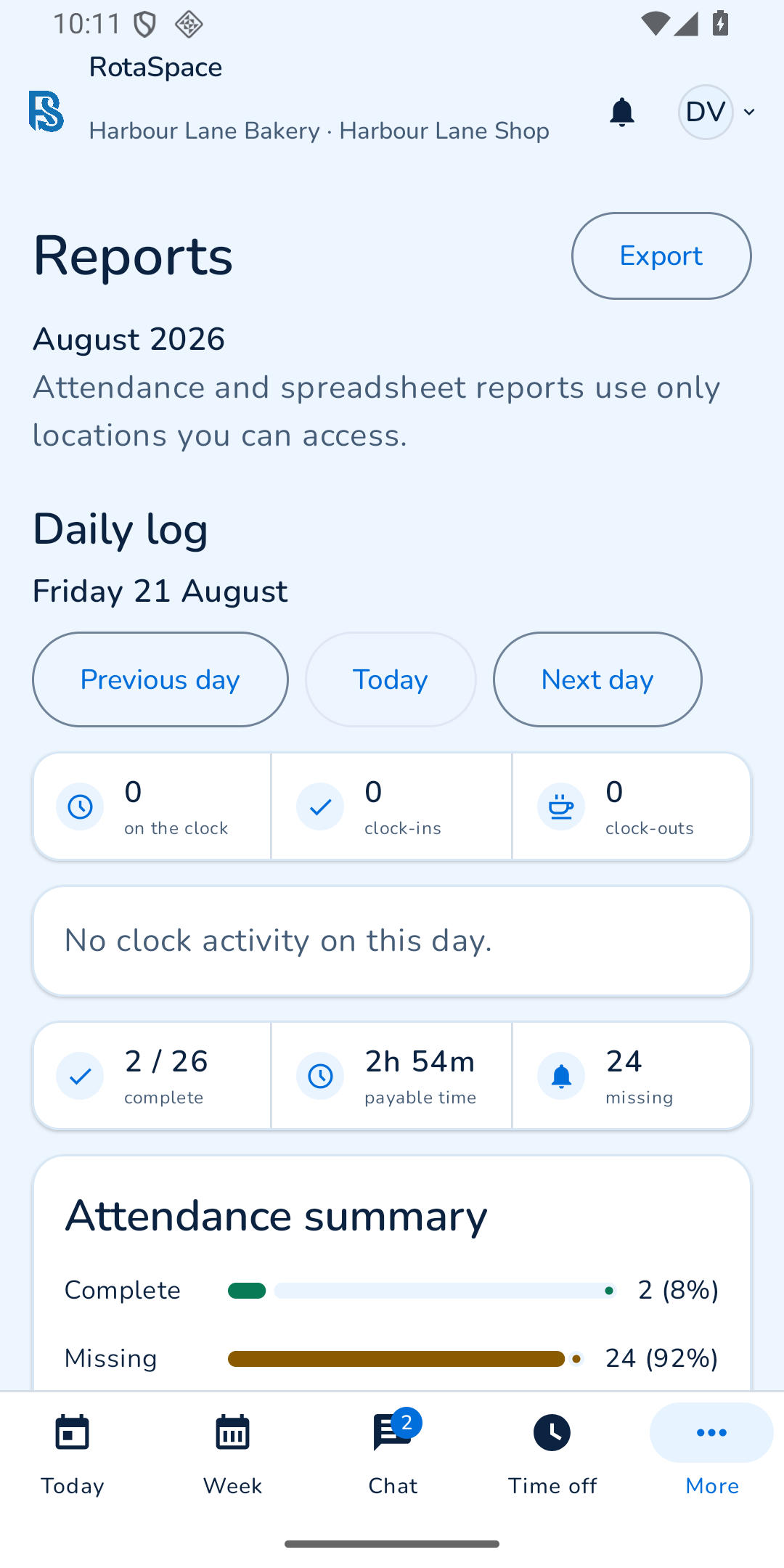 Top of the RotaSpace Android Reports view with Daily log and Attendance summary